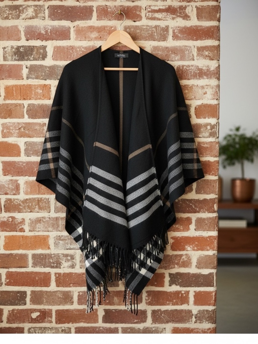 Indigo Soft Plaid Open Front Poncho Cape - Size OS